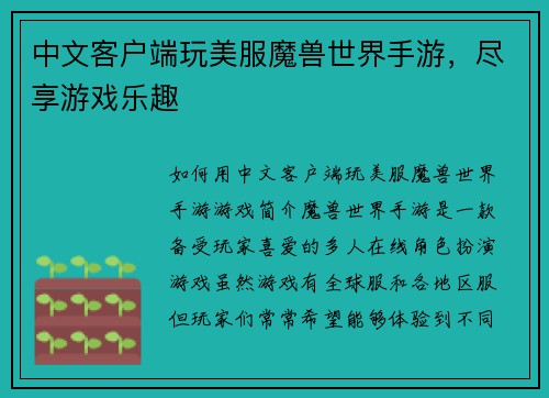中文客户端玩美服魔兽世界手游，尽享游戏乐趣