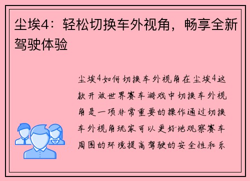 尘埃4：轻松切换车外视角，畅享全新驾驶体验