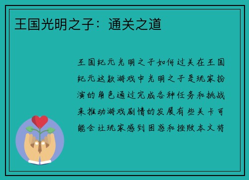 王国光明之子：通关之道